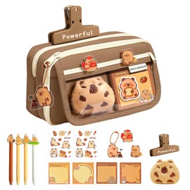 Chris.W 15Pcs Cute Capybara Pencil Case with 9 Compartments, 90° Wide Opening Mouth Pencil Pouch with Pencil Case Plush Pins Gel Pens Keychain Stickers Clips Notepad, Kawaii Capybara Stationery Set