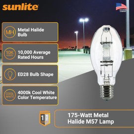 Sunlite 03656 MH175/U/MOG M57 Metal Halide Lamp, 175 Watts, Mogul Base (E39), ED28, 10,000 Hour Life Span, 14000 Lumen, Clear Finish, 4000K