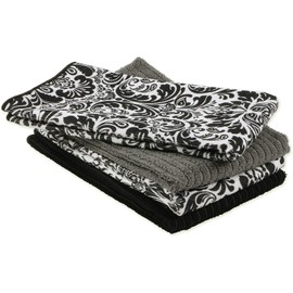 DII Microfiber Multi-Purpose Cleaning Towels Perfect for Kitchens, Dishes, Car, Dusting, Drying Rags, 16 x 19", Set of 4 - Black Damask