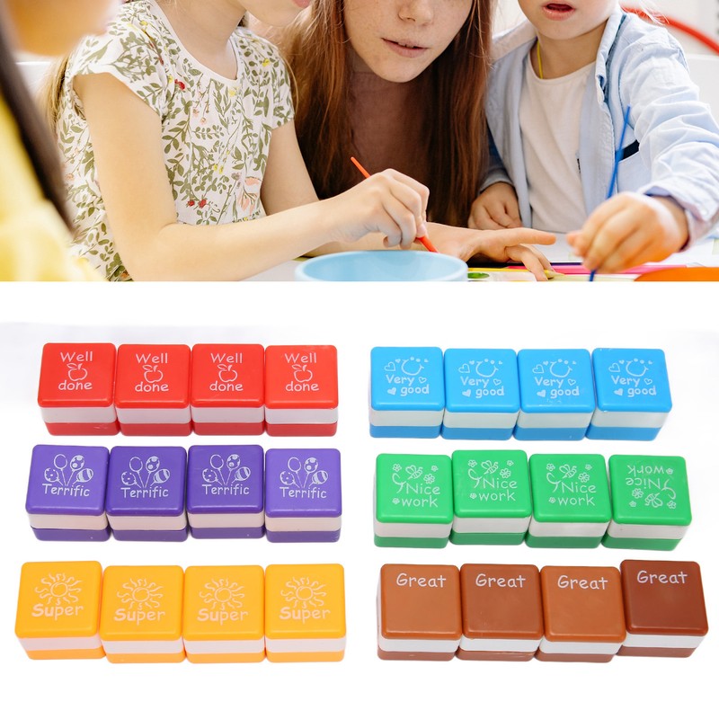 24PCS Teacher Stamps Reusable English Homework Encouraging Grading Stamp for