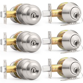 Probrico Entry Door Knob Lock Set and Double Cylinder Deadbolt Combination Set, Satin Nickel (3 Pack) Keyed Alike
