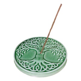 Ebros Gift Wicca Sacred Symbols Celtic Tree of Life Yggdrasil Ceramic Round Medallion Incense Stick Holder Burner Dish Figurine Home Fragrance Accessory Tabletop Altar Decor
