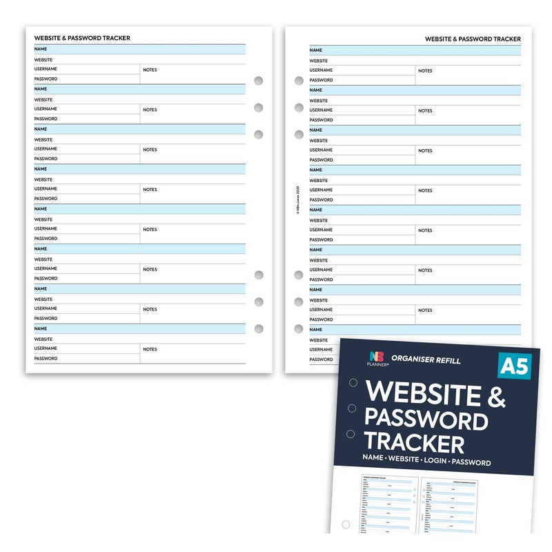 NBplanner A5 Website & Password Tracker Organiser Refill Insert Filofax