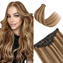 TESS Clip in Extensions Echthaar 6stk 44g, 6 Clip in Haarverlängerung Echthaar Extensions Remy Extensions50cm 4P27# Karamell Balayage