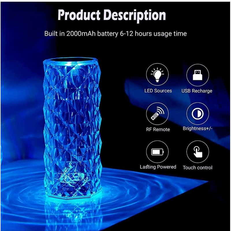 N\A 16 Color Changing Crystal Diamond Table Lamp,Touch Control Bedside