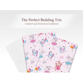 The Perfect Trio (90 x 50 cm) | 2x 100% Pure Cotton Crib Fitted Sheets & 1 Waterproof Mattress Protector (Baby Pink - Fairy Tales, 90 x 50 cm)