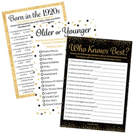DISTINCTIVS Birthday Party Games - Born in The 1920s Black and Gold Birthday Game Bundle - 95th or 100th Birthday - Set of 3 Games for 20 Guests