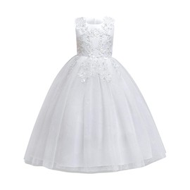 Flower Girls Lace Long Princess Embroidery Poofy Dress for Kids Wedding Bridesmaid Pageant Baptism Birthday Party First Communion Puffy Tulle Dance Evening Ball Maxi Gown White-06 7-8 Years