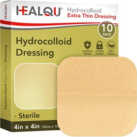 Healqu Aderezo hidrocoloide para heridas, 10 x 10 cm, caja de 10 vendajes grandes, parches hidrocoloides esterilizados con bordes para llagas de cama, abrasiones y más, impermeable y absorbente con protección