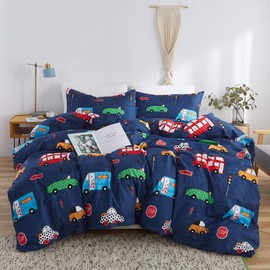LAMEJOR Navy Blue Duvet Cover Set Queen Size Cartoon Cars Pattern Hotel Luxury Soft Bedding Set Comforter Cover Set(1 Duvet Cover + 2 Pillowcases)