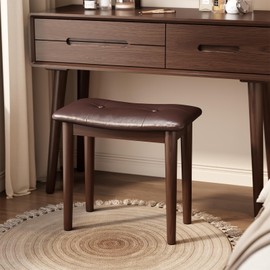 Mansfieler Vanity Stool, Solid Wood Vanity Chair with High-Rebound Sponge Seat Cushion, Easy-to-Install Vanity Bench, Walnut Upholstered Vanity Stool for Bedroom Study Room Entryway