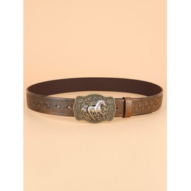 BEAUDRM Women's Retro Vintage Horse Metal Buckle Belt Faux Leather Floral Western Waist Belts Light Brown Suit Waist Size:33.5-37.4