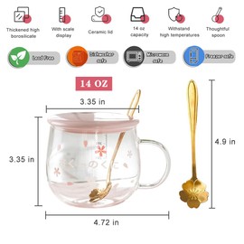 ZRAGEK Cute Home Coffee Glass, Creative 14Oz Large Capacity Tea Cup with Handle and Lid, Office Heat Resistant Sakura Cup, Water Glasses, Coffee Cups(Pink D,3 Piece Set)