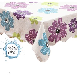 Water Resistant Cute Flower Purple Tablecloth Rectangle for Kids Room Vinyl with Flannel Backing Reusable Plastic Table Cover 47x60 Inch