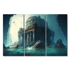 TUMOVO Atlantis Canvas Wall Art Lost City Architecture Pictures for Bedroom Atlantis Civilizations Wall Decorations for Living Room 3 Piece Framed Ready to Hang (30''Wx 24''H)