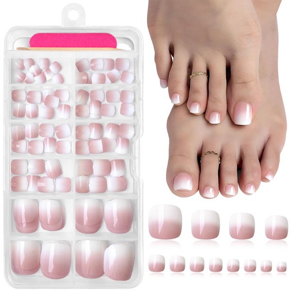 AddFavor 120pcs Ombre Press on Toenails - Pink White Gradient