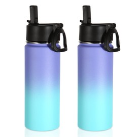 Volhoply 18oz Insulated Water Bottle Bulk 2 Pack,Kids Stainless Steel Water Bottles with Straw Lid,Double Wall Vacuum Metal Thermos,Wide Mouth Reusable Sports Flask for Cold Drink(Purple Blue,2 Set)