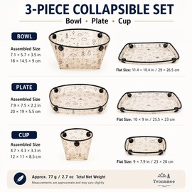 Yvonmmee Collapsible Bowl and Plate Set with Cup, 3-Piece Portable Folding Tableware, Snap Button Fold-Flat Bowl, Plate and Cup for Camping Picnic Travel