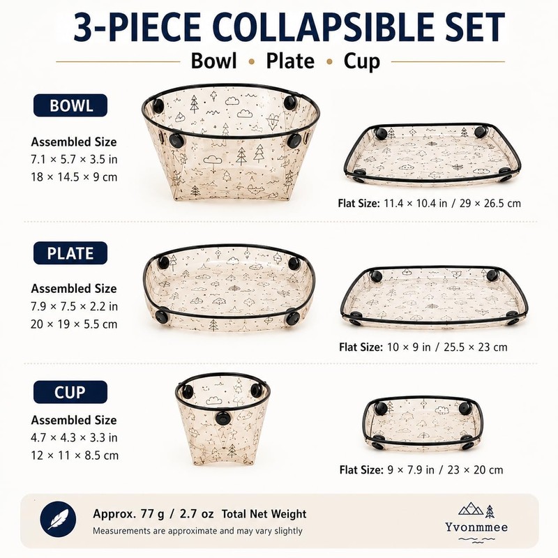 Yvonmmee Collapsible Bowl and Plate Set with Cup, 3-Piece Portable