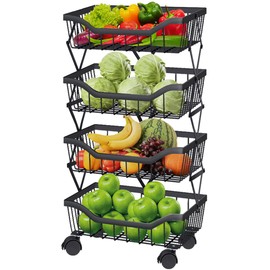 Newzealkids Fruit Basket for Kitchen 4 Tier Stackable Fruit Vegetable Storage Baskets with Wheels Metal Wire Storage Basket Organizer Cart for Kitchen Livingroom Diningroom Office, Black