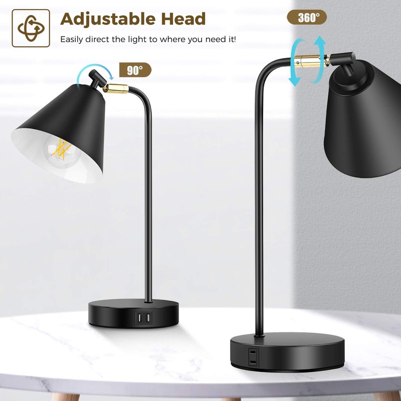 Industrial Dimmable Desk Lamp with 2 USB Charging Ports AC