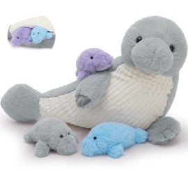 MorisMos Giant Manatee Teddy Soft Toy, 50cm Mom Manatee with 3 Cuddly Baby Inside, Big Fluffly Stuffed Animal, Realistic Large Kawaii Plushy Present for Kids Birthday Deco