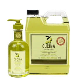 Cucina Fruits & Passion Coriander and Olive Tree Hand Soap Set, 6.7 fl oz Glass Bottle and 33.8 fl oz Refill, Made in Canada