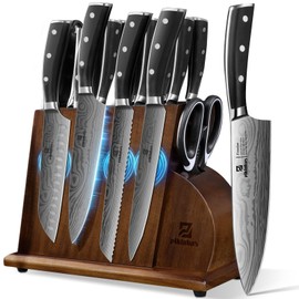 Juego de cuchillos con bloque, juego de 10 piezas de cuchillos de cocina de acero inoxidable, afilados profesionalmente para cocinar, cortar, picar, t