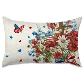 OPULANE 4th of July Memorial Day Pillow Cover 12 x 20 Inch Floral Flowers Cross America Flag Patriotic Independence Day Throw Pillow Case for Sofa Couch Decoration