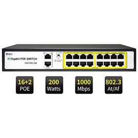 16 Port Gigabit Network Unmanaged PoE+ Switch(16 POE+ Port with 2 Gigabit Uplinks), 200W Built-in Power@802.3af/at, VLAN Mode, 4kV Lightning Protection, AI Detection, Plug and Play