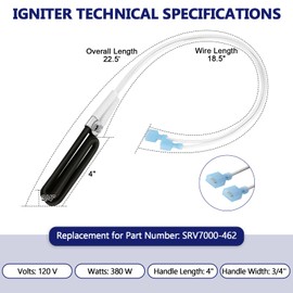 Hiorucet SRV7000-462 Igniter for Quadra-Fire Pellet Stove Mt Vernon AE, Castile, Santa Fe, Classic Bay 1200, Contour, Heatilator Eco-Choice Pellet Stove CAB50, PS35, PS50, Replacement for 812-3811