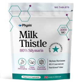 Physis Milk Thistle High Strength Food Supplement | 80% Silymarin | Milk Thistle Seeds | 180 x Tablets | Vegan Food Supplement | Made in Britain
