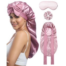 AWAYTR Long Hair Bonnet for Sleeping - Mask and Hair Scunchies Set Stain Womens Bonnet with Elastic Tie Band(Rose Gold)