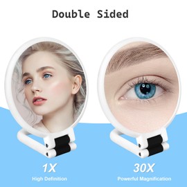 Sifolo 30x Magnifying Mirror, Travel Hand Mirrors with Handle - Double Side Handheld Mirror with 1X 30X Magnification & Adjustable Handle, Hand Held Foldable Travel Mirror for Makeup(Pearl White)