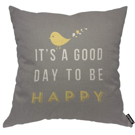 AOYEGO It's A Good Day to Be Happy Throw Pillow Cover Inspiration Quote Bird Words Saying Cartoon Calligraphy Pillow Case 18x18 Inch Decorative Men Women Room Cushion Cover for Home Couch Bed
