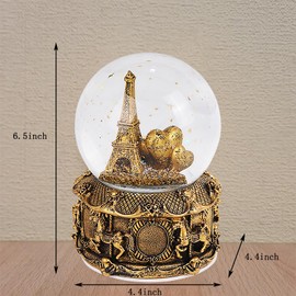 LED Music Snow Globe Vintage Eiffel Tower Buildings Embedded Carousel Retro Home Decoration for Book Shelf Cabinet Floating Board Office Desk Table Top Decor Centerpieces Ornament (Gold)