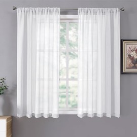 Tollpiz - Cortinas Cortas Transparentes de Lino con Textura para Sala de Estar, Cortinas de Gasa con Bolsillo para Barra de filtrado de luz, para recámara, 42 x 45 Pulgadas de Largo, Color Blanco