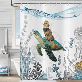 Hnmdmyi Funny Shower Curtain 180x180, Cute Cowboy Cat Riding Sea Turtle Bathroom Curtains Ocean Underwater Landscape Coral Reef Marine Animal Kids Waterproof Polyester Fabric Washable Bath Curtains