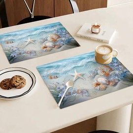 Beach Seashell Placemats Set of 4, 12x18 Inch Summer Coastal Table Place Mat Starfish Washable Non-Slip Heat Resistant Fabric Placement Mats for Dining Kitchen Indoor Outdoor Decor