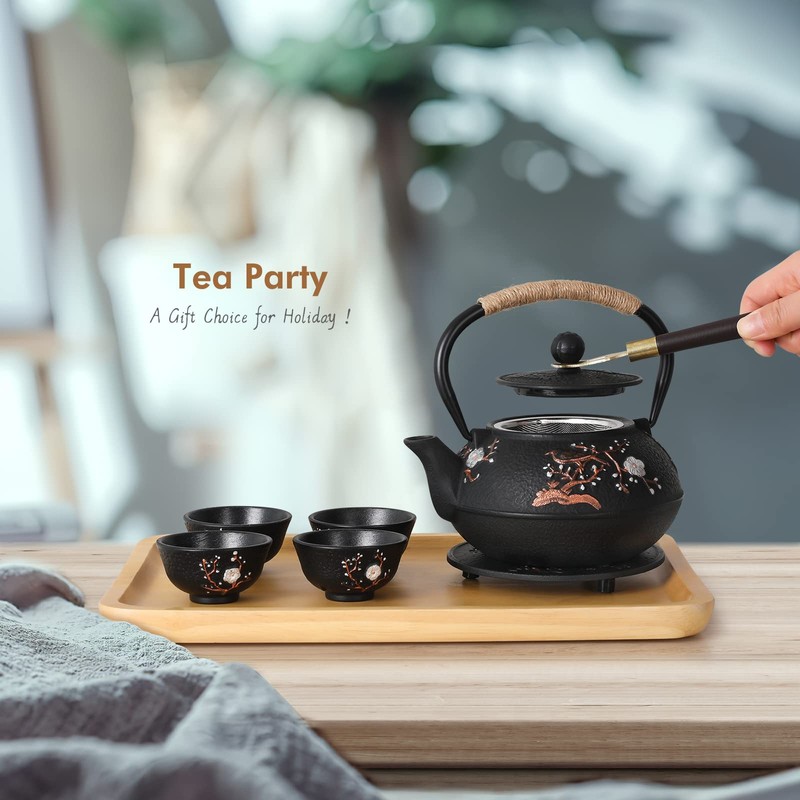 Japanese Style Cast Iron Teapot with 4 Tea Cups Trivet
