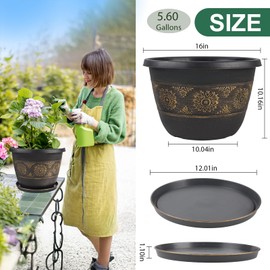 Usocik 4 Pack 16 inch Plant Pots, Retro Pattern Planters with Drainage Holes and Saucer, Sturdy Plastic Garden Flower Pots for Indoor & Outdoor Plants