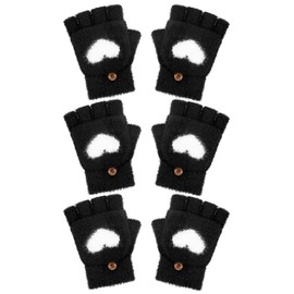 Geyoga 3 Pair Heart Fingerless Gloves Convertible Flip Top Gloves Winter Half Finger Mitten for Boy Girl 5-10 Year(Black, 5-10 Years)
