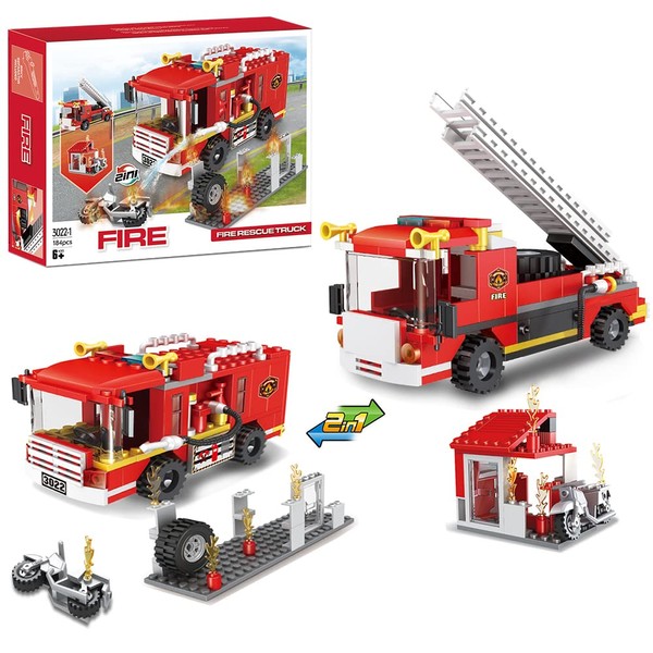 2 in 1 City Fire Truck Fire Station Building Blocks Fire Engine Vehicles Set Fire Fighter Building Kit Fire Rescue Toys Xmas Gifts Present Building Bricks for Kids Aged 6-12 (184pcs)