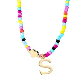 Mikovivi Colorful Beaded Initial Necklace for Women, Boho Letter Pendant Necklace with Adjustable Chain Trendy Alphabet Choker Gift Summer Jewelry (S)