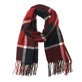 Wrapables Plaid Print Long Winter Warm Scarf and Beanie Hat Set, Navy/Wine + Black Beanie