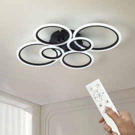 SYZXSP Modern LED Ceiling Light Fixture 29.8 inch 72W 6000LM 3000-6500K Dimmable with Remote Control Flush Mount Ceiling Light for Bedroom, Kitchen, Living Room, Dining Room (6 Ring, Black)