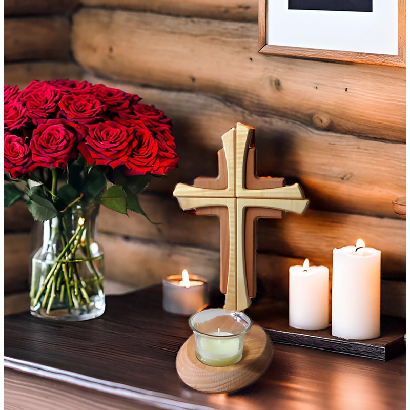 Tea Light Holder with Cross Beechwood in Modern Style