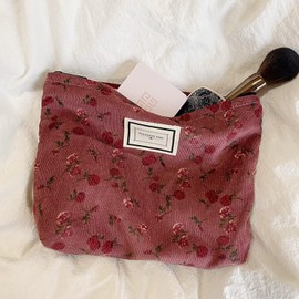 Floral Makeup Bags, Large Capacity Cosmetic Travel Toiletry Bag Organizer for Women, Embroidery Craft, Storage Pouch Bag Small Cosmetic Pouch Purse with Zipper Gifts for Girls Teen,Vintage Rose Red