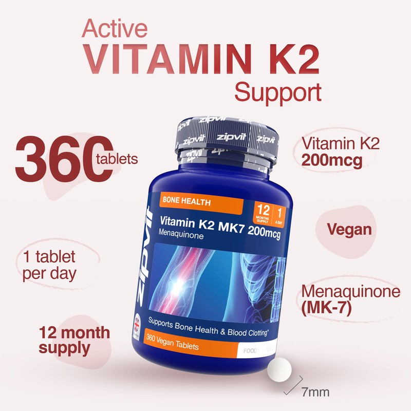Zipvit Vitamin K2 MK7 200mcg, High Strength K2 Vitamin Supplement,