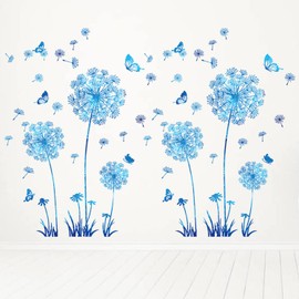 Arawat 2 Set Dandelion Wall Decals - Blue Flower Stickers, Murals, Butterflies Decor for Bedroom, Office, Bathroom, Living Room - Floral Removable Peel and Stick Room Decoration